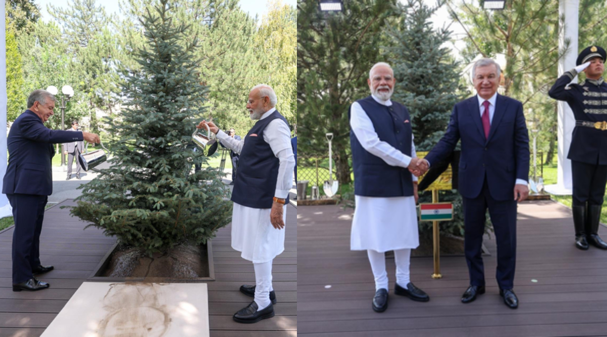 PM मोदी और उज्बेकिस्तान के राष्ट्रपति मिर्जियोयेव ने ताशकंद में राष्ट्रपति भवन में लगाया पौधा